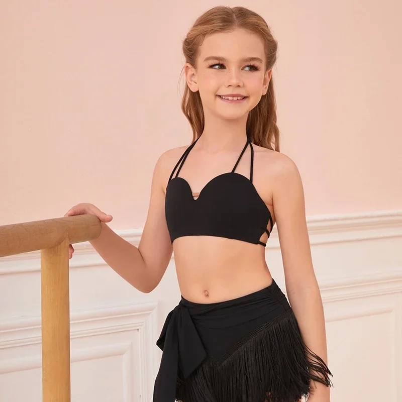 Seksowne stroje do tańca latynoamerykańskiego Chacha dla dziewcząt, ubrania do samby, bezrękawnik, krótki top, spódnica z frędzlami, strój sceniczny DQS20023