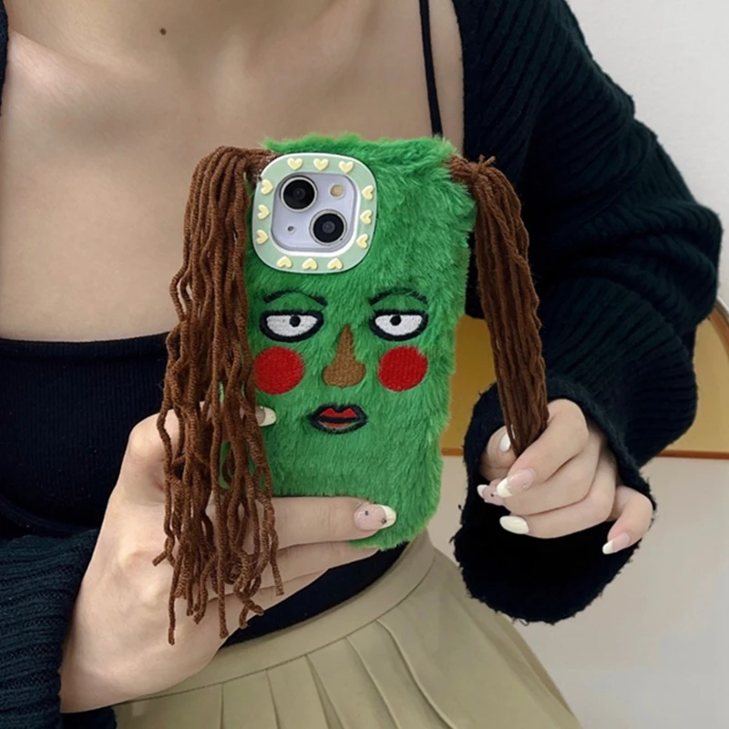 

Funny Cartoon Fluffy Fuzzy Plush Fur Case For iPhone 16 pro max Cute Soft case diy Pigtail for iphone 17 15 13 12 14 Pro Max i11