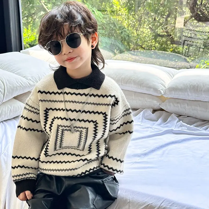 

Korean Style Collar Kidsren Knitwear Retro Style Boys Spring and Autum Baby Knitwear Lapel Trendy Baby Sweater Kids Clothes
