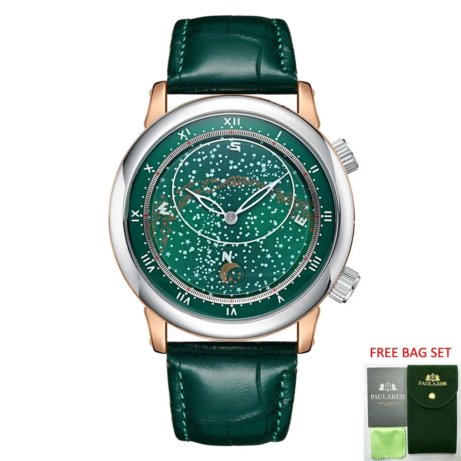 ساعة أوتوماتيكية للرجال ميكانيكية ذاتية الرياح من الجلد الذهبي الوردي منحوتة على شكل سماء مرصعة بالنجوم مضيئة