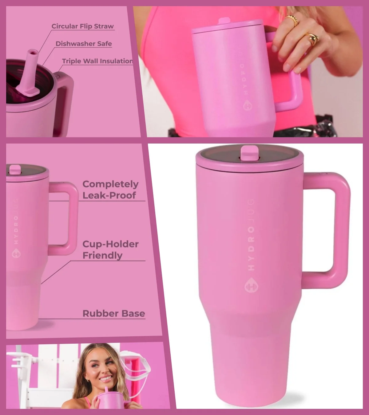 Botella de Agua Aislada de Acero Inoxidable de 40 oz, Color Rosa Taffy | Vaso Térmico Plegable HYD Traveler con Asa y Pajita