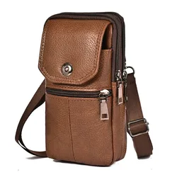 Men Messenger Crossbody Bag Cowhide Leather Mobile Phone Pouch Pocket Wallet Male Travel Waist Multi-Pockets Chest Pack Purse