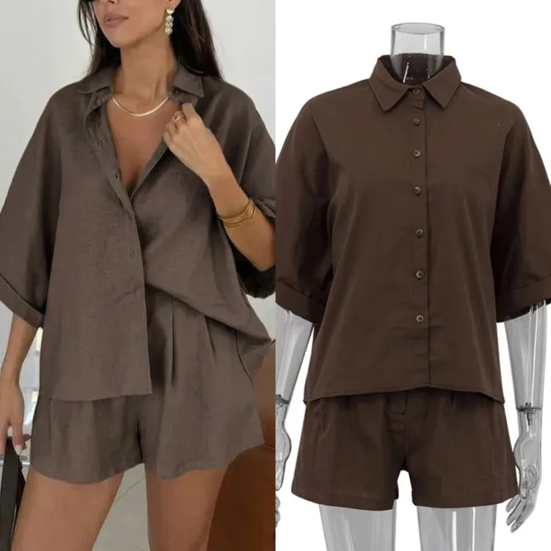 

Women's Summer Solid Color Casual Short-Sleeve Two Piece Set Fashion Notch Lapel Single Breasted Shirt Loose Straight Leg Shorts