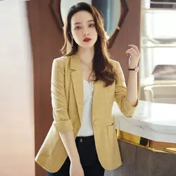 Yellow Plaid Outwear Spring Summer Korean Style Temperament Leisure Short Suit Jacket Slim Fit Three Quarter Sleeve Blazers 2024