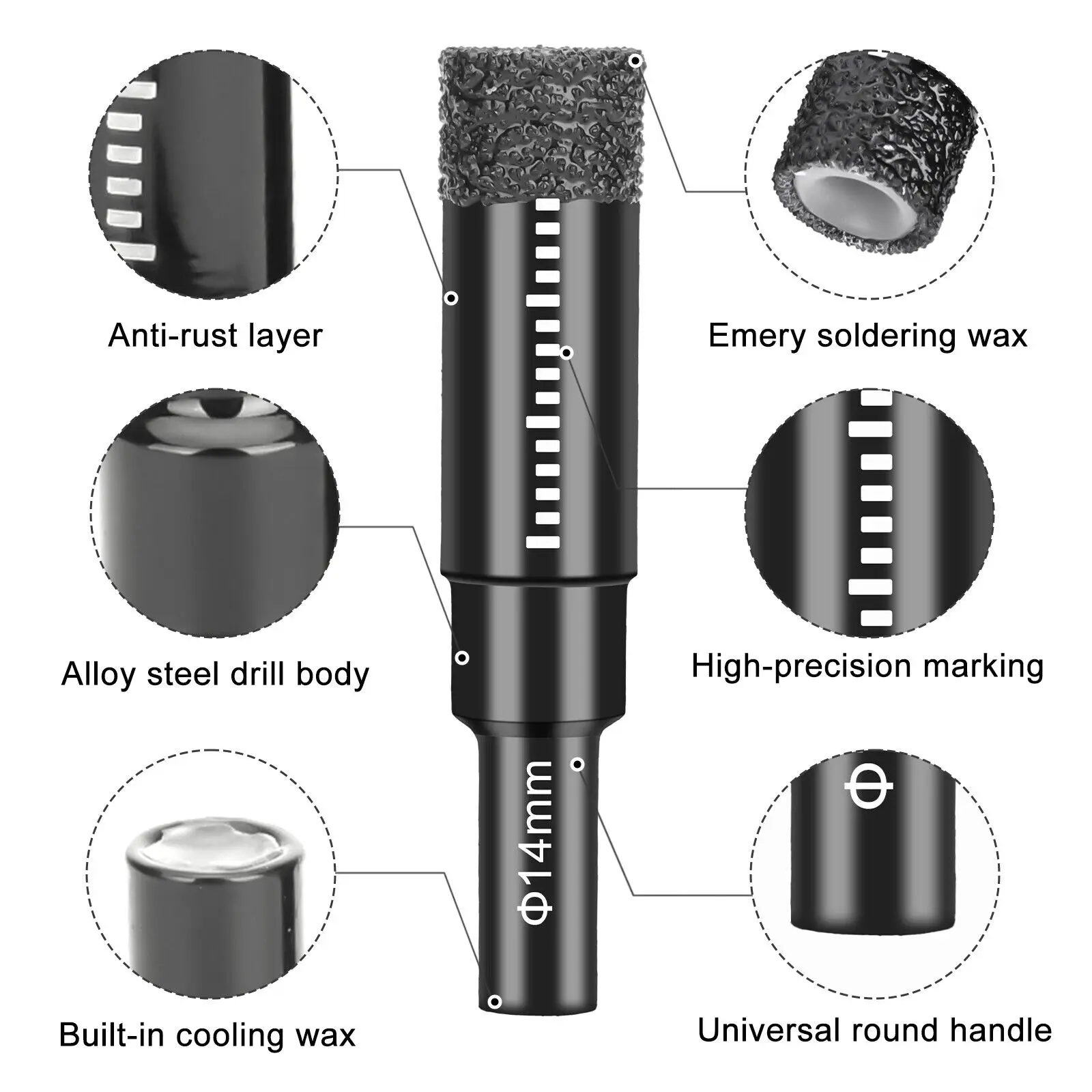 5Pcs 6mm-14mm Dry Diamond Coated Drill Bit Round Shank Hole Saw Cutter For Marble Ceramic Granite Porcelain Cup Saw Hole Opener