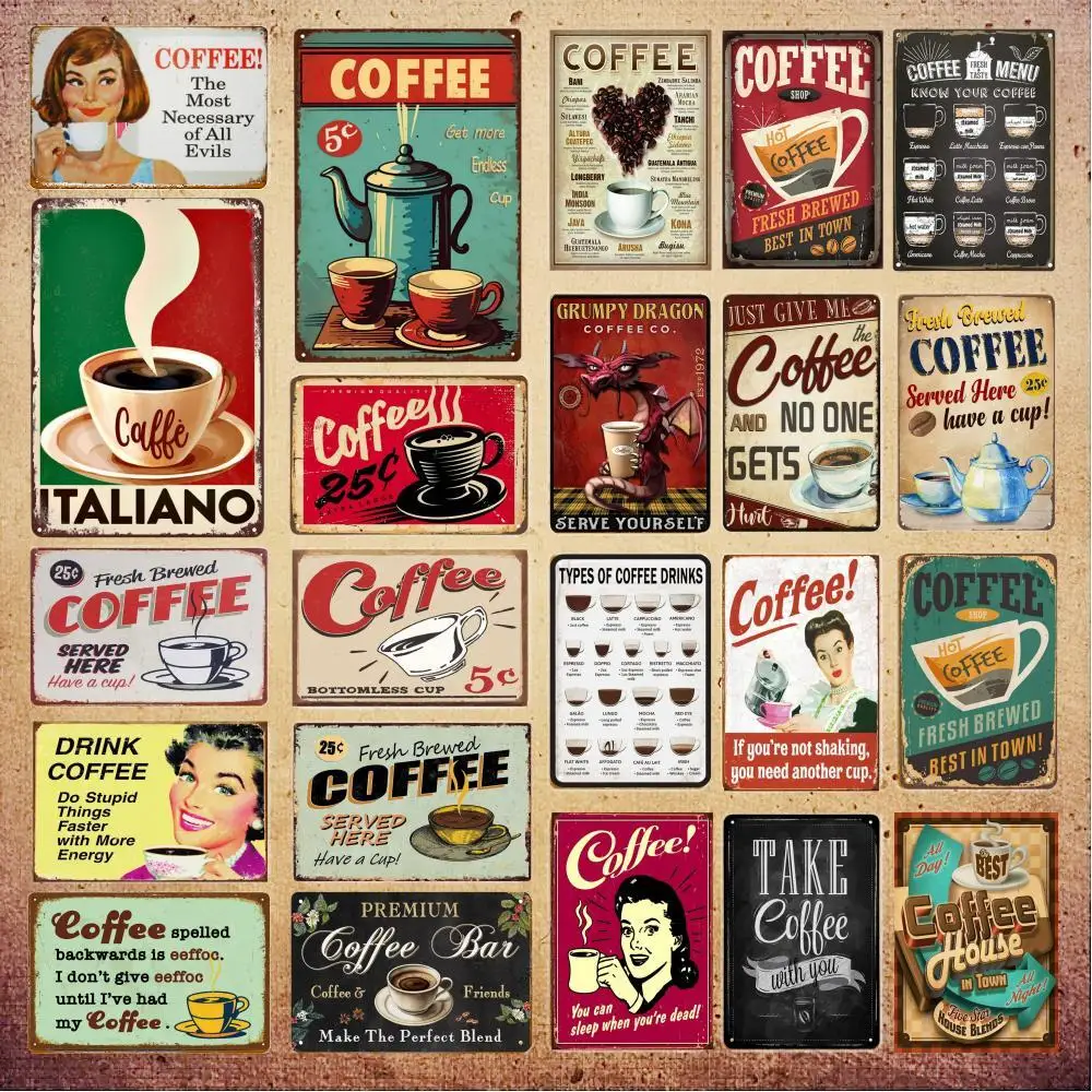 Vintage Coffee Metal Tin Sign Plaque Plate Retro Wall Art Poster For Cafe Bar Pub Kitchen Man Cave Club Iron Painting Decoration