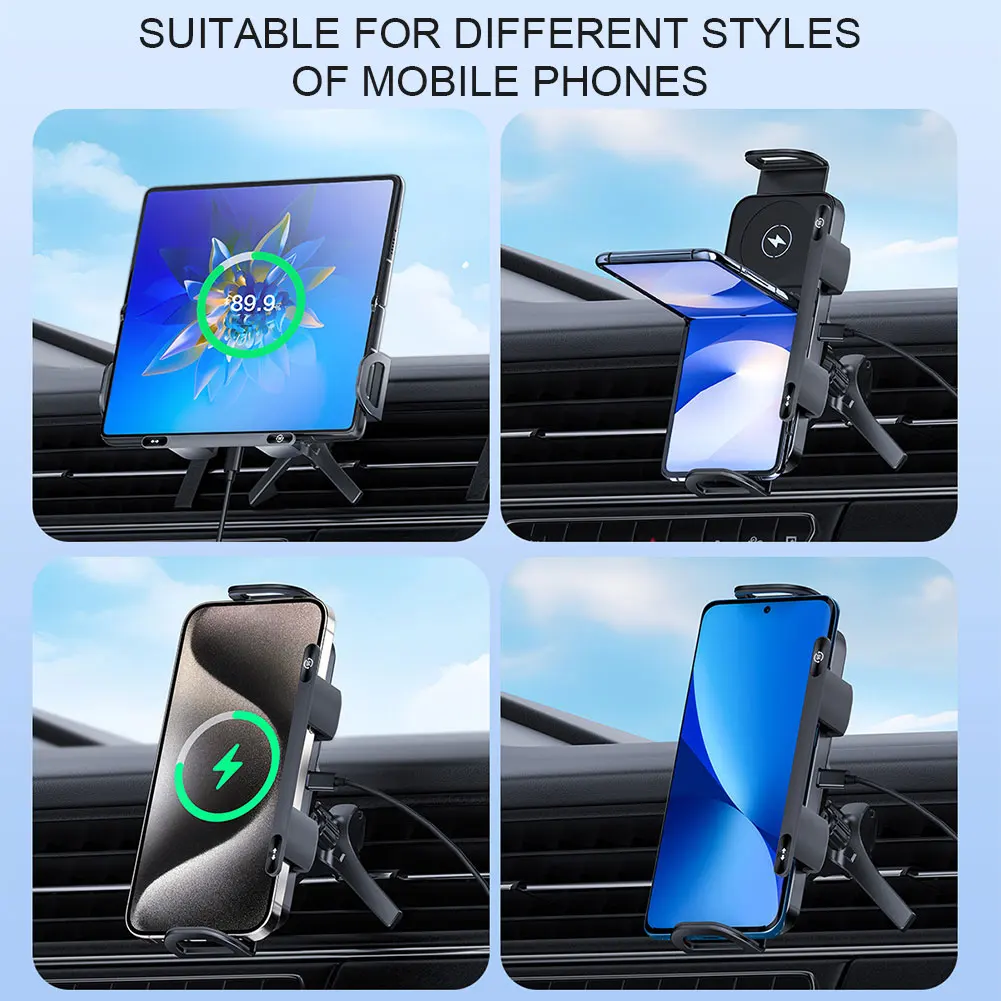 15W Car Wireless Charger Dual Coil Fold Screen Phone Holder Touch Rotation Phone Mount for Smartphone/Pad/Foldable Phone/Tablet image 6