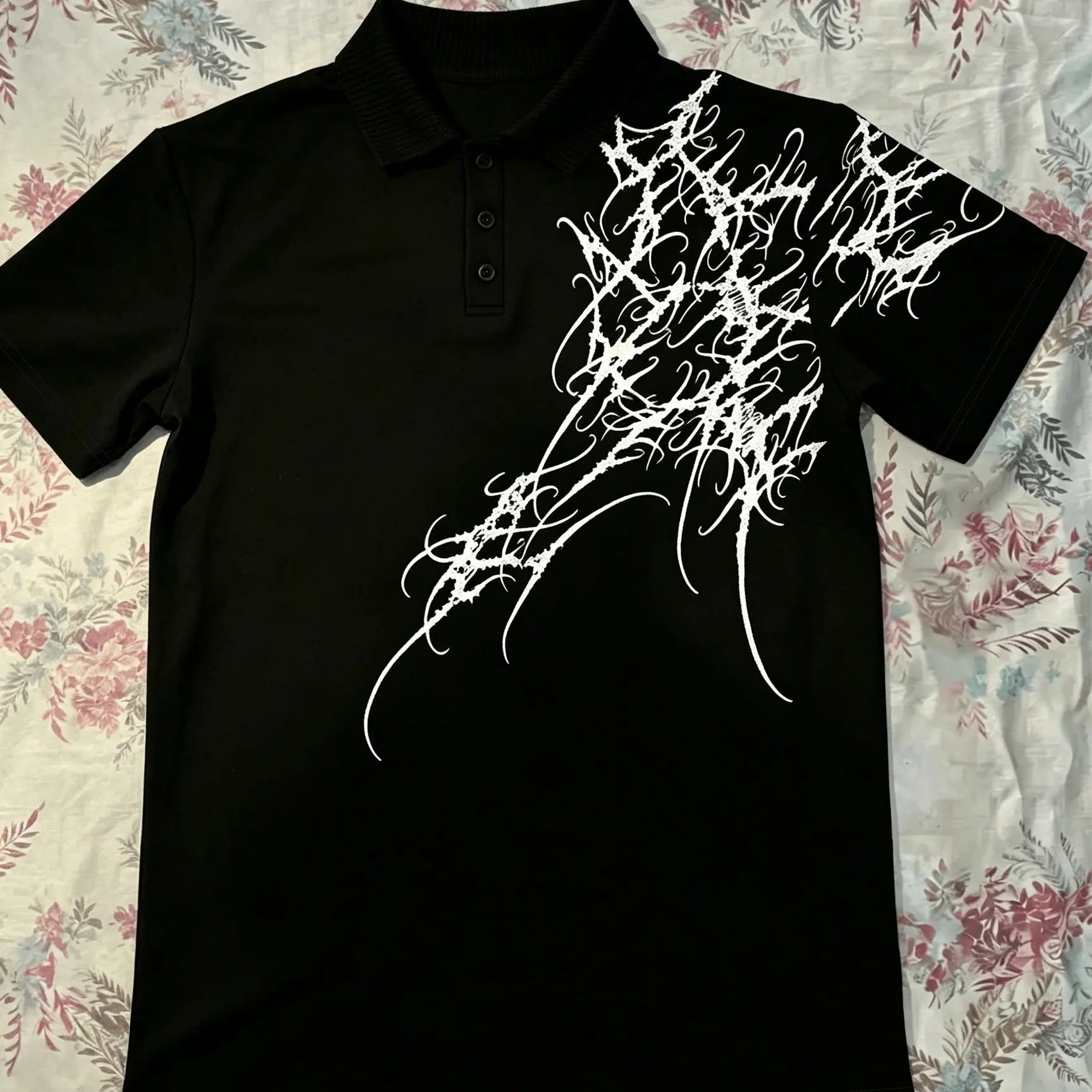 Summer Clothing American High Street Thorn Hot Silver Print Polo Short Sleeved Slim Fit Version Dark Niche Gothic Style Top