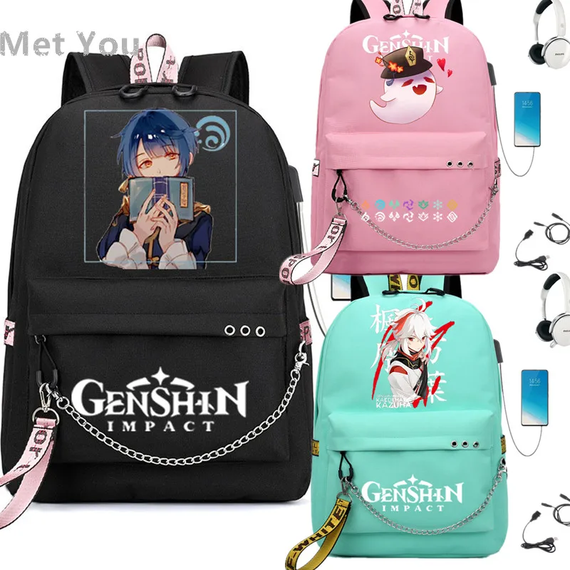 Childe Genshin Impact Anime USB Backpack School Book Bags Fans Travel Bags Laptop Chain Headphone