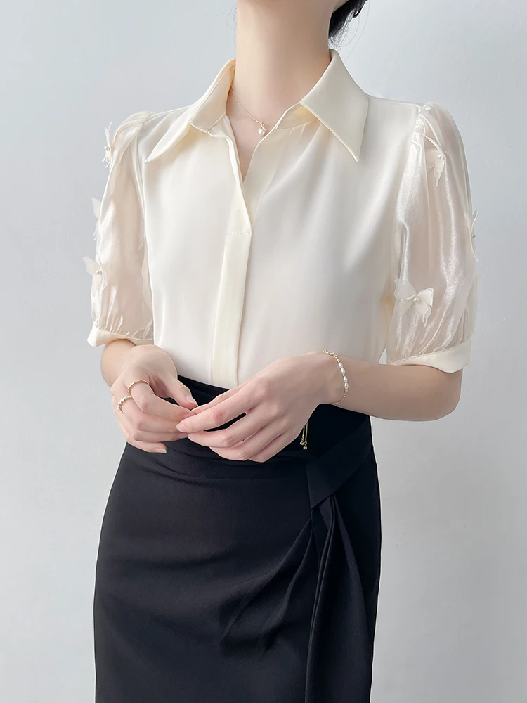 

Корейская атласная блузка с коротким рукавом и жемчужной отделкой, с отложным воротником, женская, летняя, новая коллекция