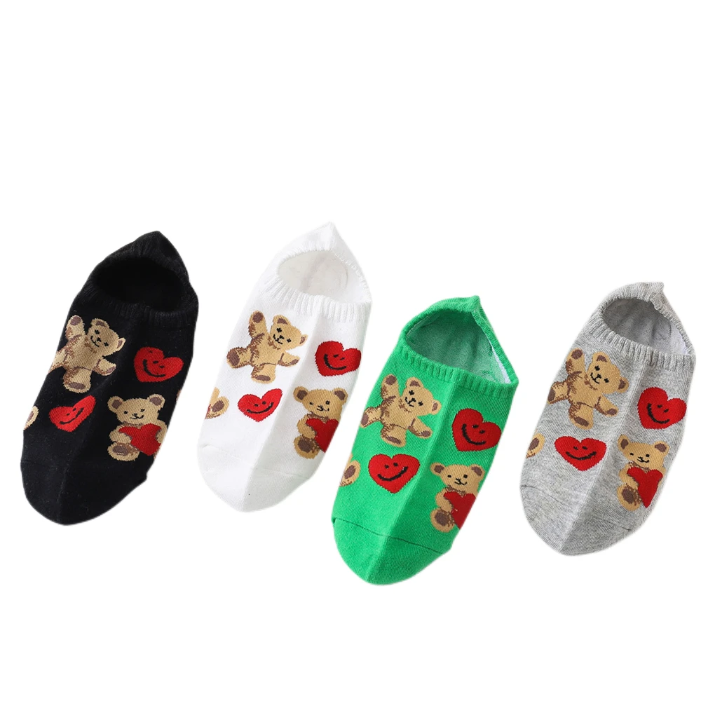 New Cartoon Women's Chic Bear Cute Red Love Heart Lovely Animal Pattern Girls Breathable Cotton Invisible Socks Dropship