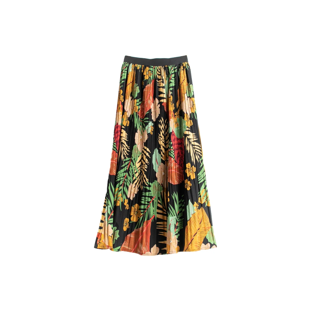 Double Seamed Flared Skirts For Women Simple Eye-catching And Fun Over The Knee Vintage Pleated Summer Waist Print