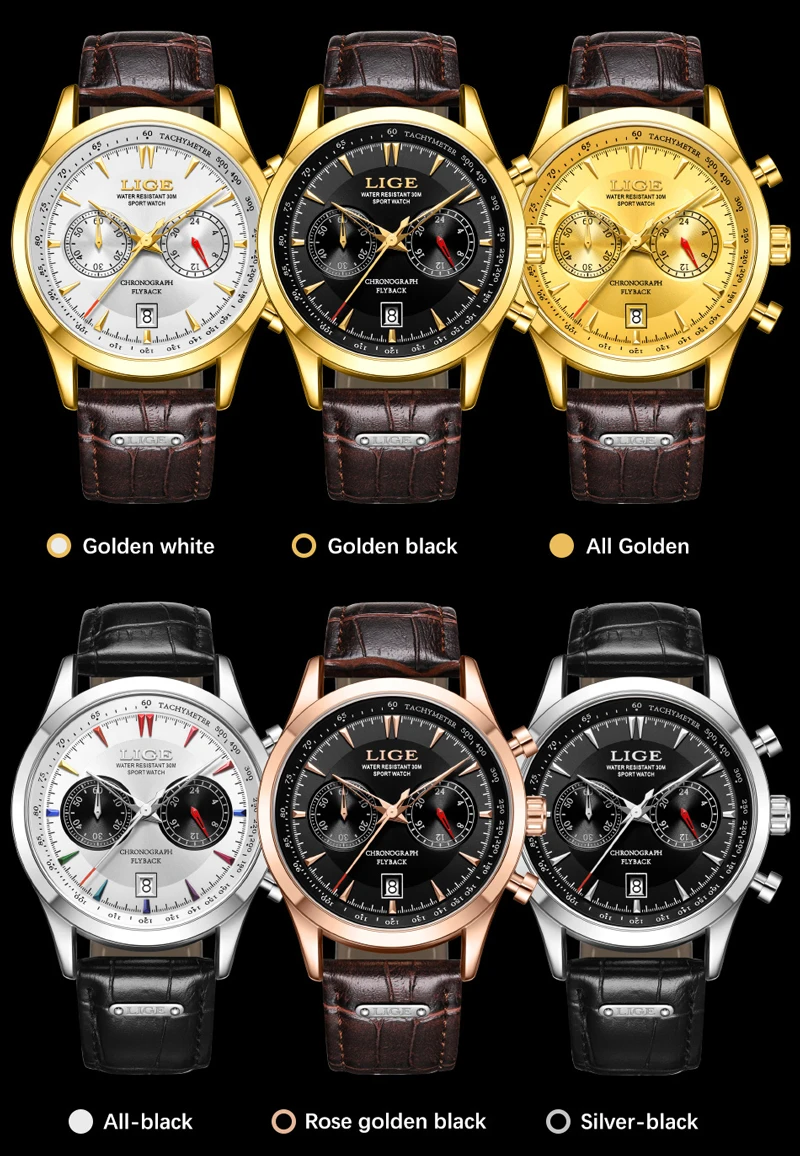 LIGE Chronograph Watches Man Luxury Casual Leather Quartz Mens Watch Business Wristwatch Male Sports Waterproof Date Clock Reloj