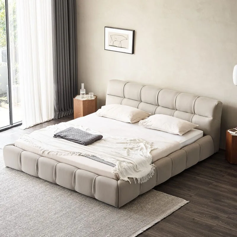 Leather bed Modern simple light luxury puff bed Cream wind double bed