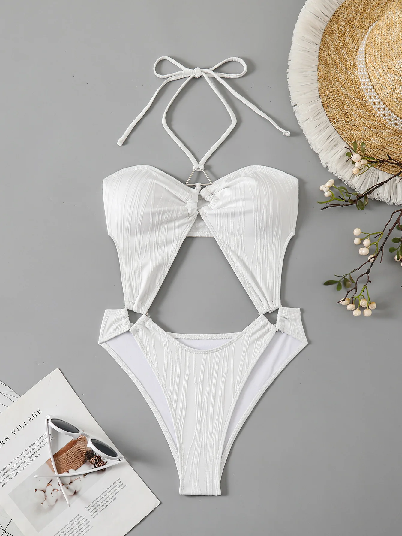 sexy white hollow out plain swimsuits one piece halter Bikini Swimwear backless bathing sui beach outfits bodysuit biquini