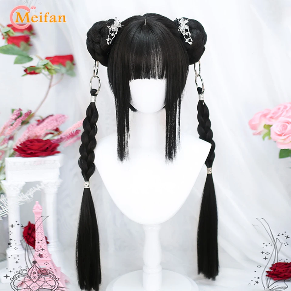 MEIFAN Synthetic Black Wig with Long Ponytail Short Straight Wig Lolita Cosplay Party  Harajuku Blonde Wig With Bangs for Women