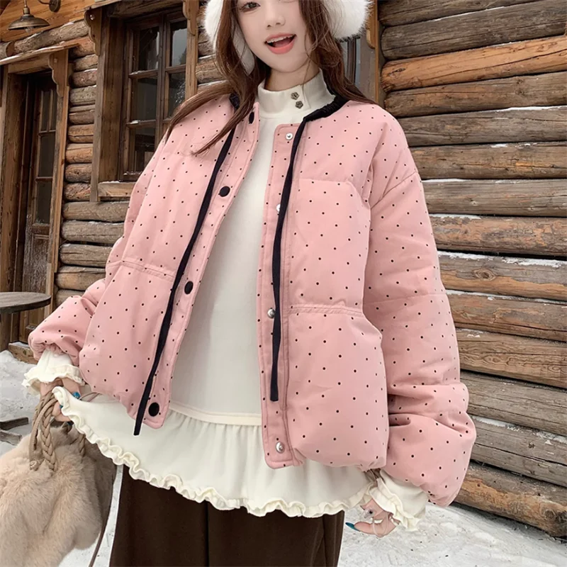 الحلو فتاة الوردي الأزرق البولكا نقطة قصيرة سترة موضة سترة سميكة جديد الشتاء المرأة س الرقبة لطيف القوس معطف فضفاض معطف دافئ غير رسمي #2