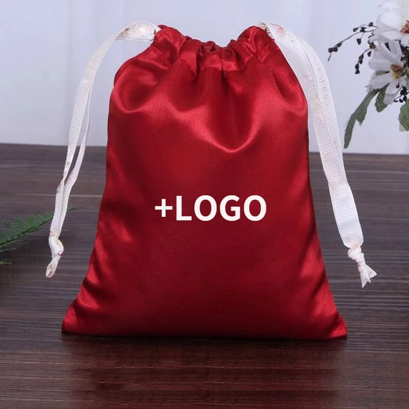 50PCS Red Silk Bags Satin Drawstring Pouch Shoes Clothes Wig Cosmetic Packaging Pouch Christmas Wedding Gift Storage Bags