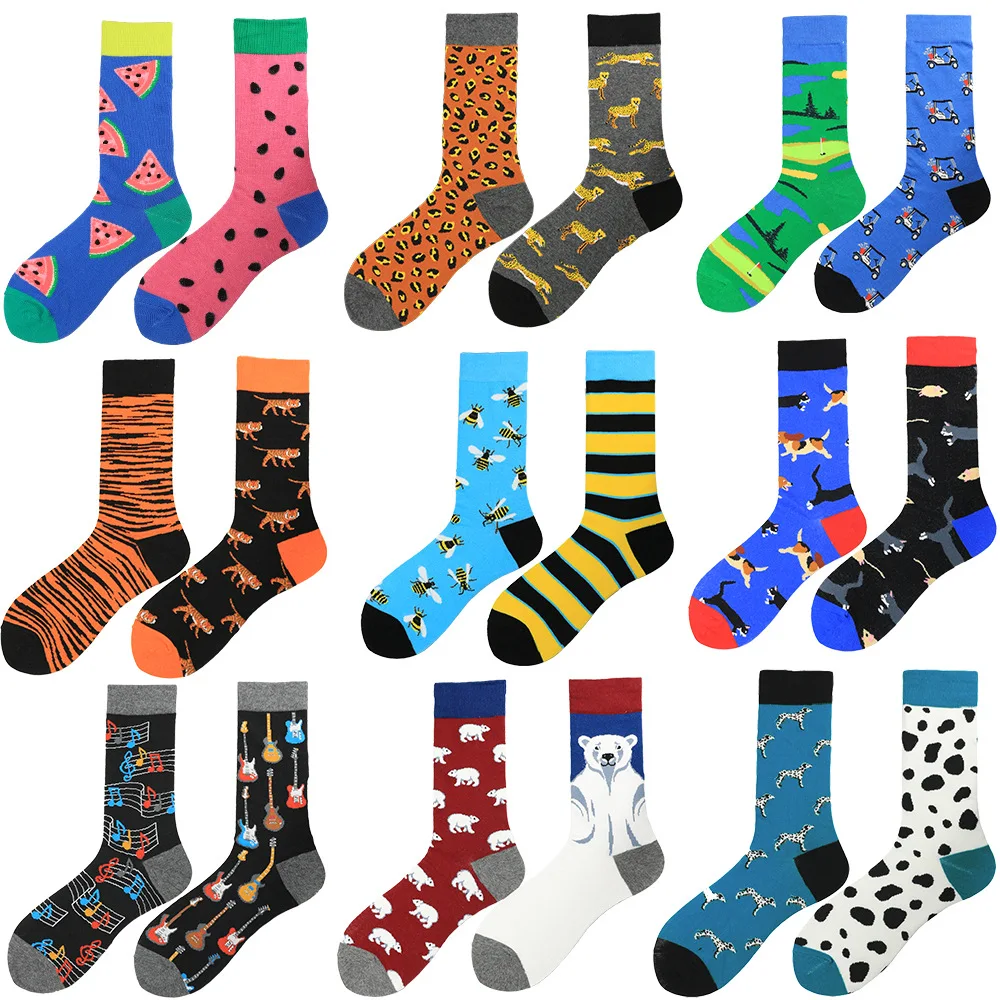 Men\'s Harajuku socks with print Funny AB asymmetric fashion colorful skateboard socks Happy Business Socks