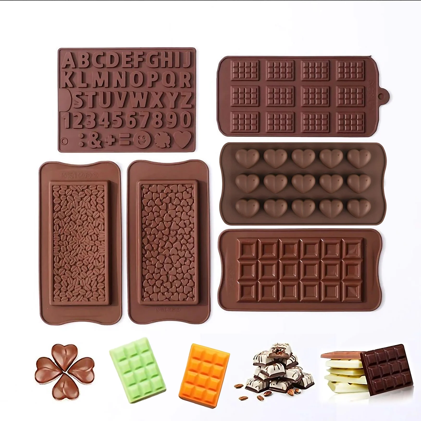 6 Moldes de Silicona para Chocolate, Antiadherentes, de Grado Alimenticio, para Barras de Chocolate, para Hacer Chocolates y Dulces en Tamaño Bocado (Corazón, Figura, Letra)