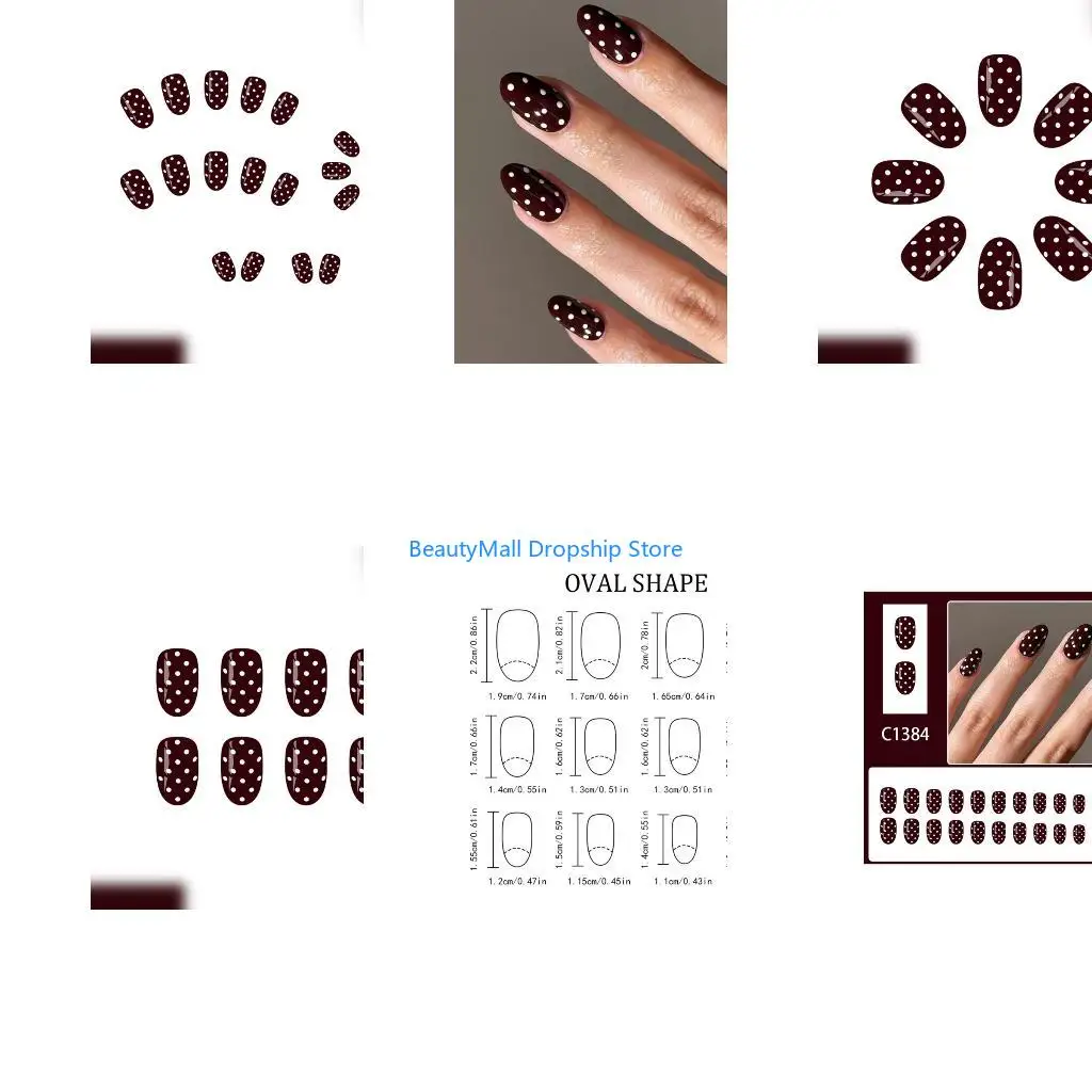 40JD 24pcs French Manicure Press On in Wine Red & White Polkas Dots Pattern ABS Fake Quick Application for Women
