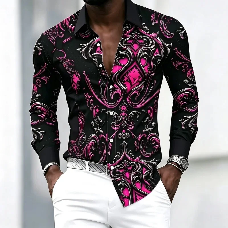Men's shirt, black and red Baroque printed long sleeved shirt, retro patterned lapel casual shirt, versatile banquet top