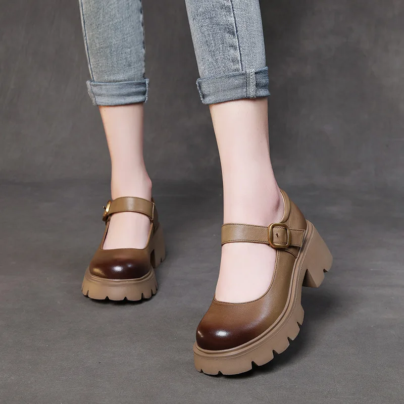 Spring Autumn Retro Women Pumps Genuine Leather Square Heel Round Toe Buckle Strap Solid retro Shoes For Women Khaki