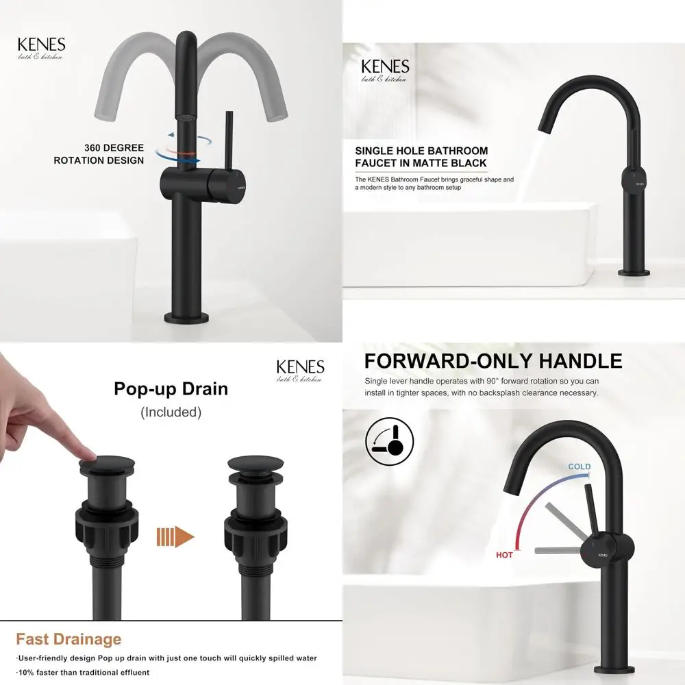 

Single Handle Matte Black Tall Bathroom Sink Faucet with Pop-Up Drain and Supply Lines, KE-9005C-2