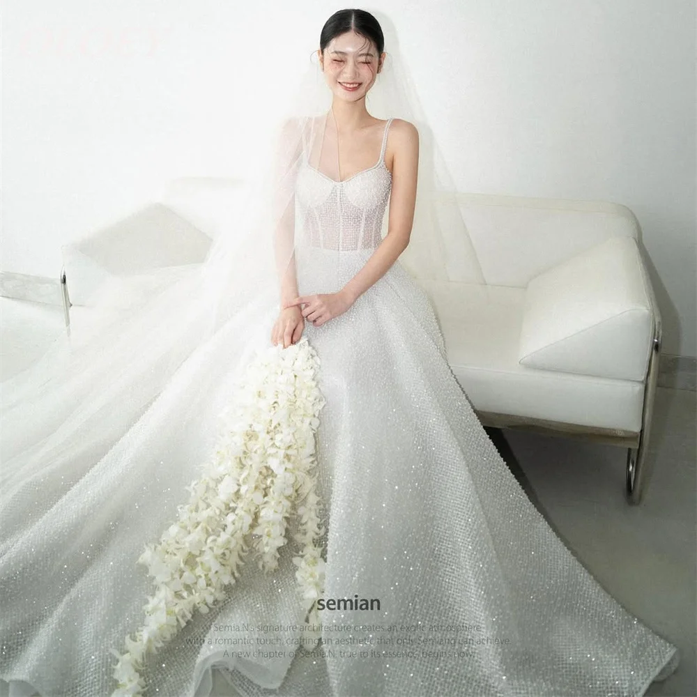 

OLOEY Luxury Pearls A-line Wedding Dress Sweetheart Neck Spaghetti Straps Bridal Gown Floor Length Customized Lace-up Back
