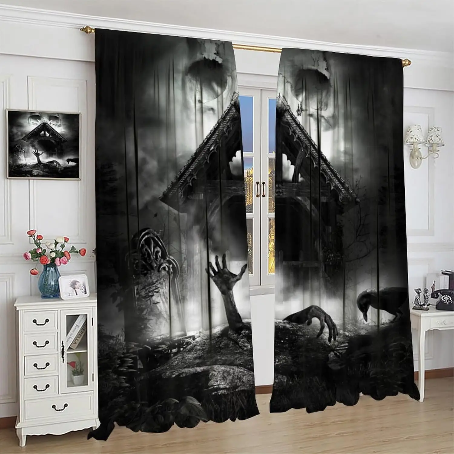 Gothic Curtains, Tombstones Rising Zombie Halloween Home Decor Bedroom Living Room Window Treatment 2 Panel Set Total