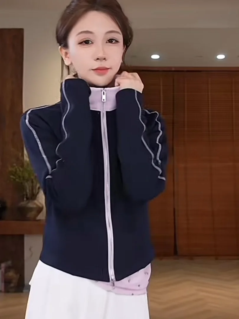 

Nan Dao Early Spring Sport Style Color Block Slim Fit Stand Collar Jacket Women's Casual Fashion Cotton Polyester Zipper Coat
