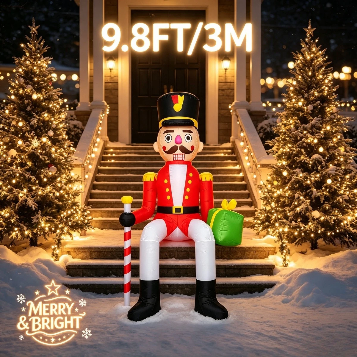 9.8FT Christmas Inflatable Nutcracker Soldier Sitting, Blow Up Outdoor Yard Decor, Giant Holiday Ornament with Lance for Balcony
