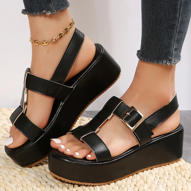 NEW Summer Women Wedges Leather Pu Casual Sandals Ladies Fashion Slip-On Female High Quality Sandals Woman Roman Shoes