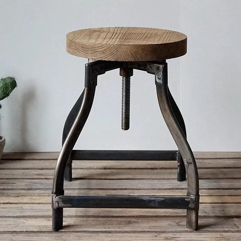 Wood Round Top Metal Vintage Industrial Bar Stools, Adjustable Height Bar Stool