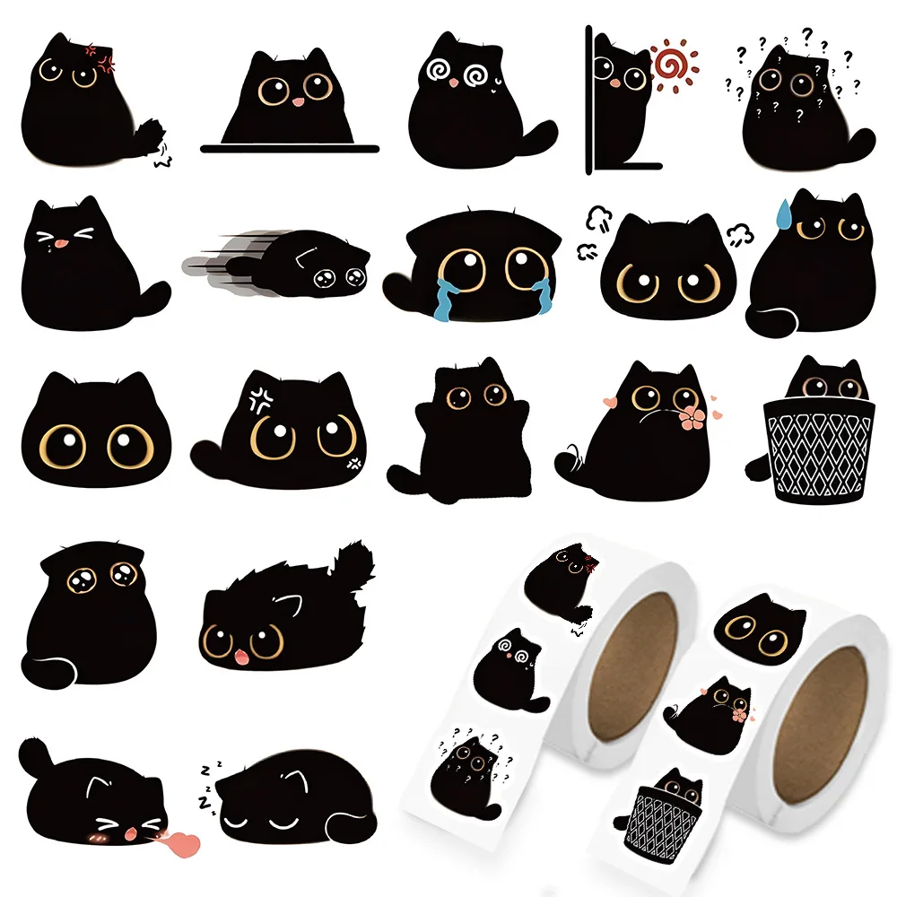 

500 Pcs/Roll Cute Black Cat Cartoon Stickers Graffiti Aesthetic Decoration Luggage Laptop Computer Journal Kawaii Stickers