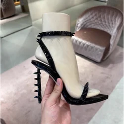 Spike/Metal Buckle Rivet Sexy Sandals 2024 New Pointed Irregular High Heel Slim Black Gold Fashion Banquet Large Sandals 34-43