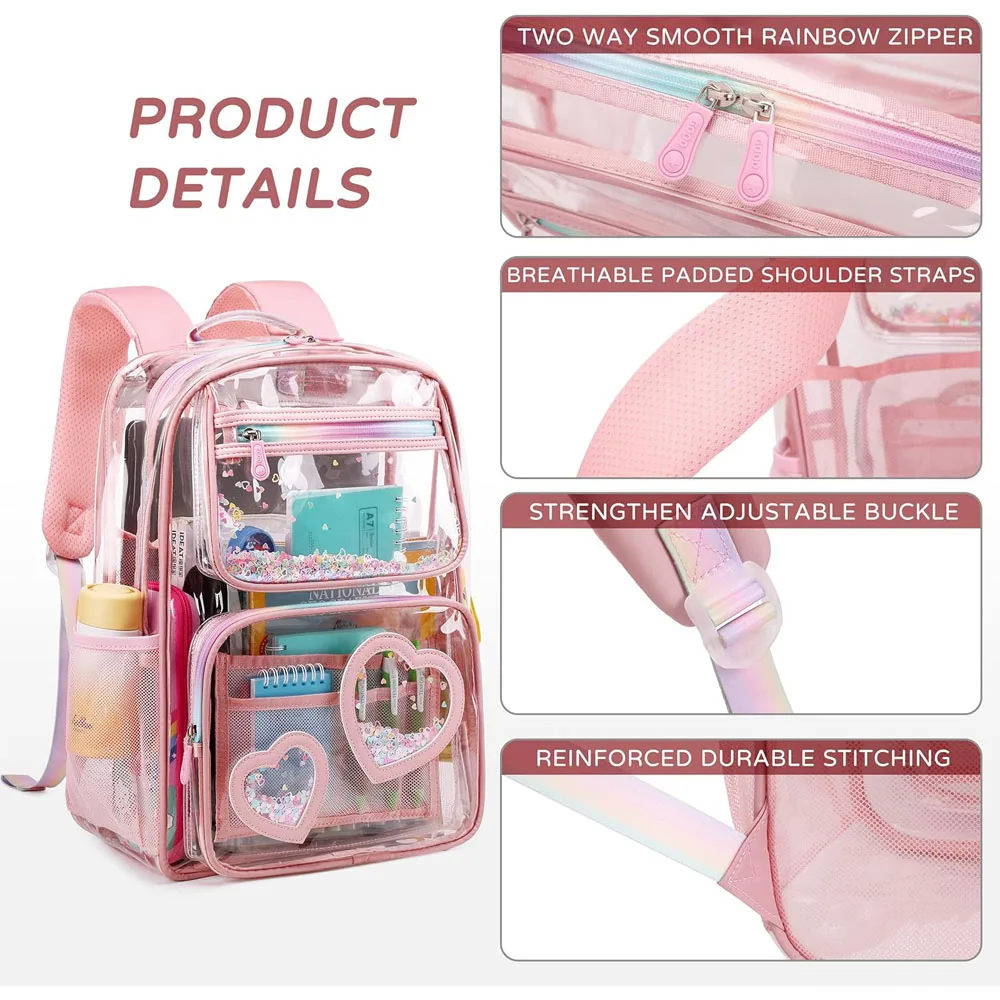 Clear Backpack for Girls Women Transparent Kids Elementary College School Bag Travel Laptop Backpacks Large Bookbags (Pink)