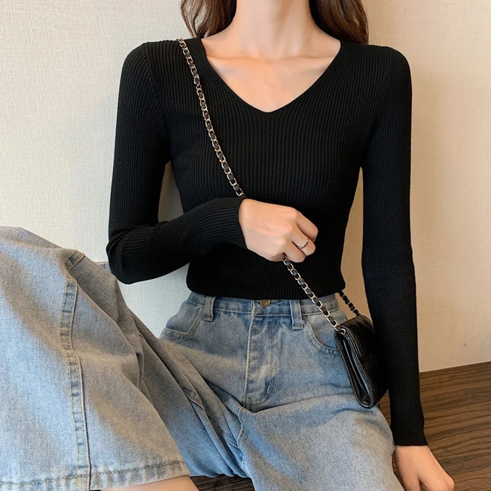 Soft Knitwear Pullover Sweater with V Neck Long Sleeve for Women Casual Inner Base Layer Top for Daily Holiday Use