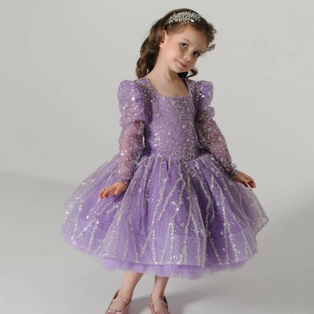 Sparkly Lavender Girl's Party Dresses Glitter Sequin Long Sleeves A-line Flower Girl Dress Violet Short Pageant Prom Gowns