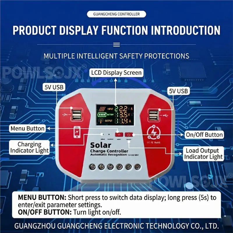 T19C Auto PV Regulator Solar Charge Controller 12V 24V 48V LCD Display 4 USB Ports For Lead Acid And Li Battery 40A