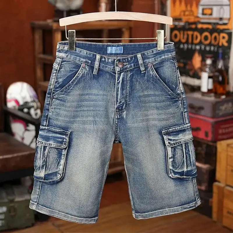 Men's Vintage Summer Denim Cargo Shorts, Loose Multi-Pocket Jeans in Retro Style, Casual Streetwear Shorts, Breathable Cotton Sh