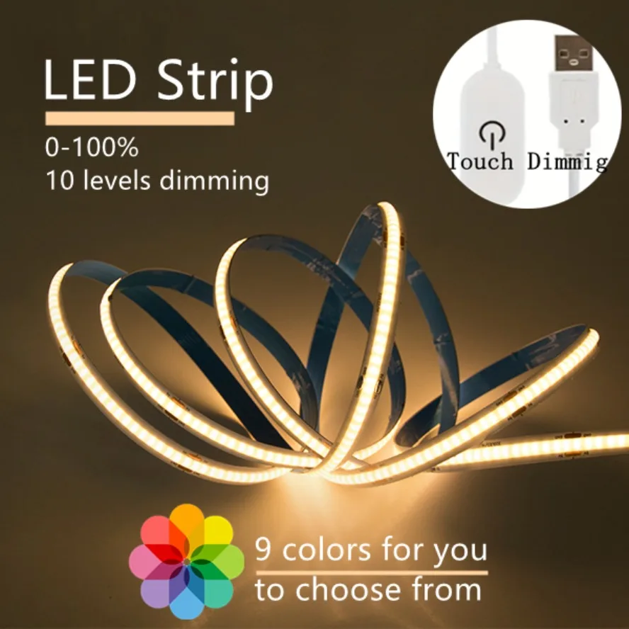 

Multicolour Touch Sensor Dimmable USB LED Strip Light 5V COB Switch Lamp Tape TV Mirror Backlight Kitchen Room Night Lighting