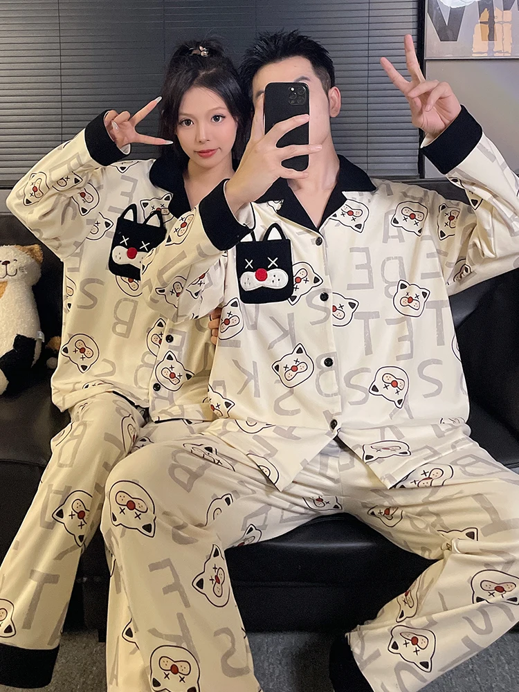 

DAIMELU sleepwear set spring and autumn couple pajamas women's long-sleeved trousers cartoon winter thickened men loungewear