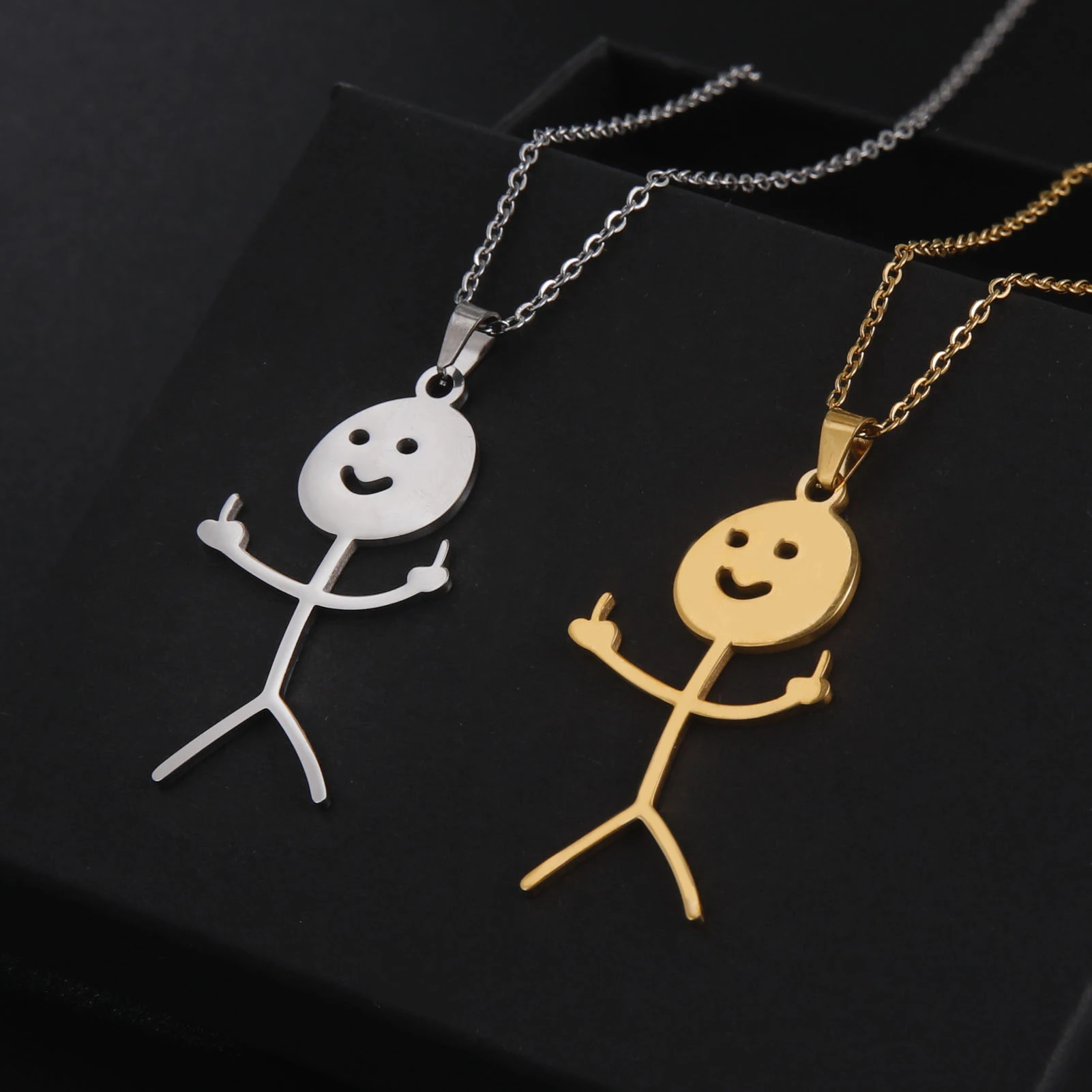 Teamer Hip Hop Middle Finger Stickman Necklace Rock Punk Funny Doodle Pendant Necklace for Women Men Trend Jewelry Gift