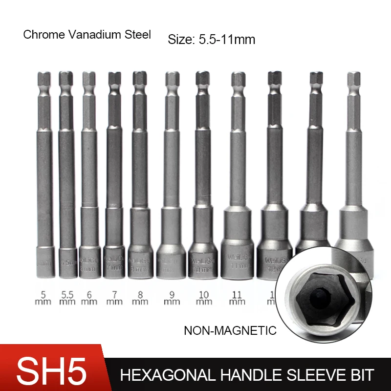 5.5-11mm SH5 Impact Socket Non-Magnetic Hexagonal Handle Nut Screwdrive Power Drill Bit Set Adapter Bolt Drivers Repairing Tool
