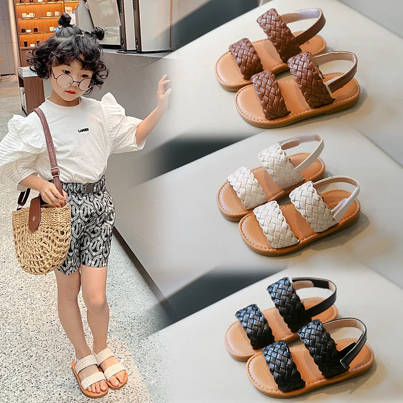Kids Sandals for Girls 2025 Summer Girls Weave Design Sandals Children Beach Shoes Open Toes Flat Anti-skid Rubber Ankle Strap