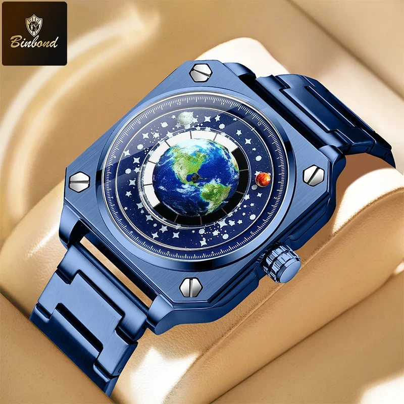 BINBOND Fashion Men Quartz Watch Rotating Earth Dial Of Creative Wormhole Blue Planet Pointer Steel Band Waterproof Men Watch