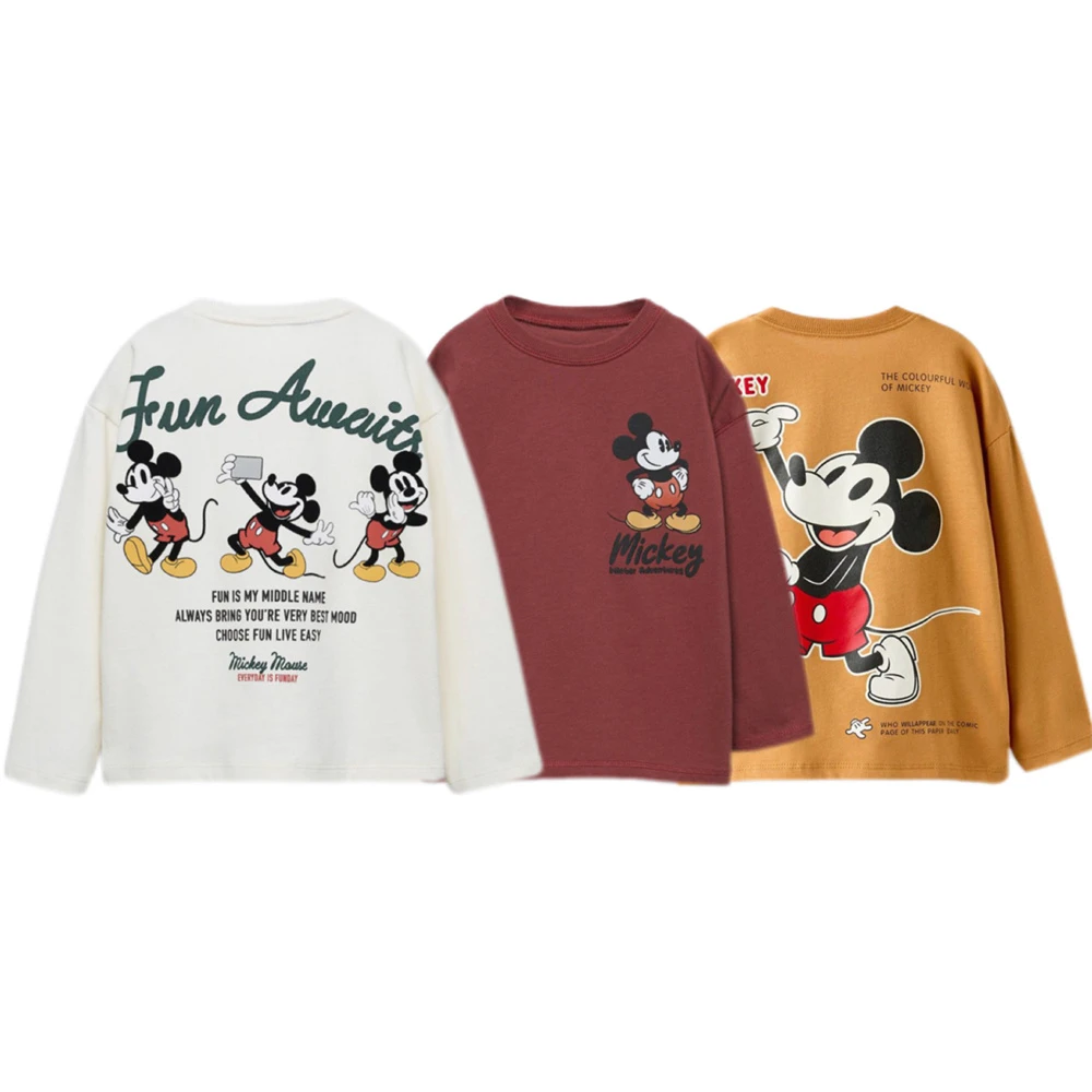 ميكي ماوس تيز الأطفال طويلة الأكمام موضة ملابس كاجوال الاطفال الكرتون المطبوعة التي شيرت الرضع رقيقة القطن الخالص Crewneck القمم #1