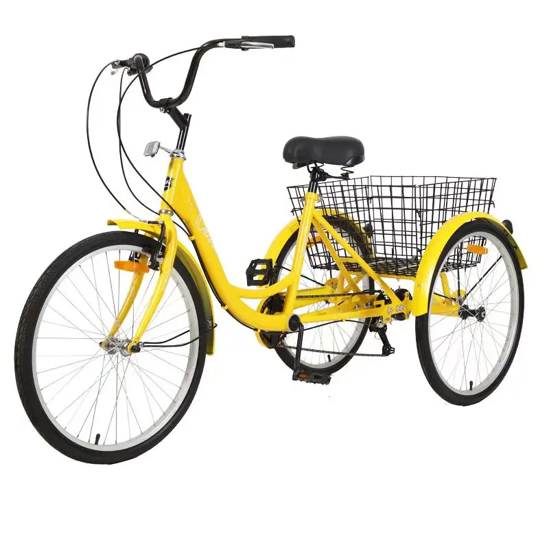 Cheap 24-inch 7-speed mountain/cargo tricycle for adults with steel frame, disc brakes, fork suspension, 120 kg weight capacity