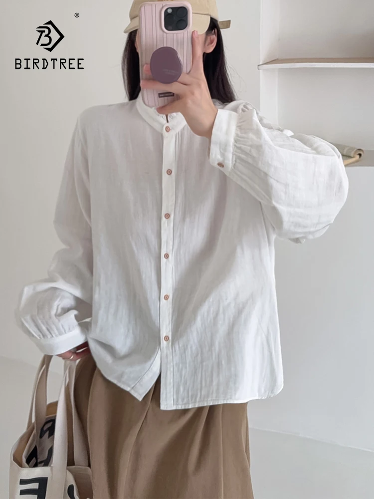 

Новинка 2025, осенняя рубашка с длинными рукавами из хлопковой пряжи, женская однотонная однотонная рубашка с рюшами, повседневная универсальная свободная блузка Mori Girl Temperament T59553CC